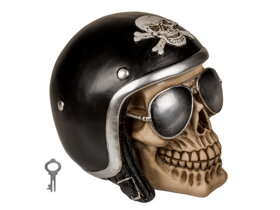 Spardose Totenkopf mit schwarzem Motorradhelm