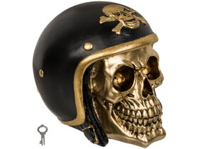 Spardose goldener Totenkopf mit Motorradhelm